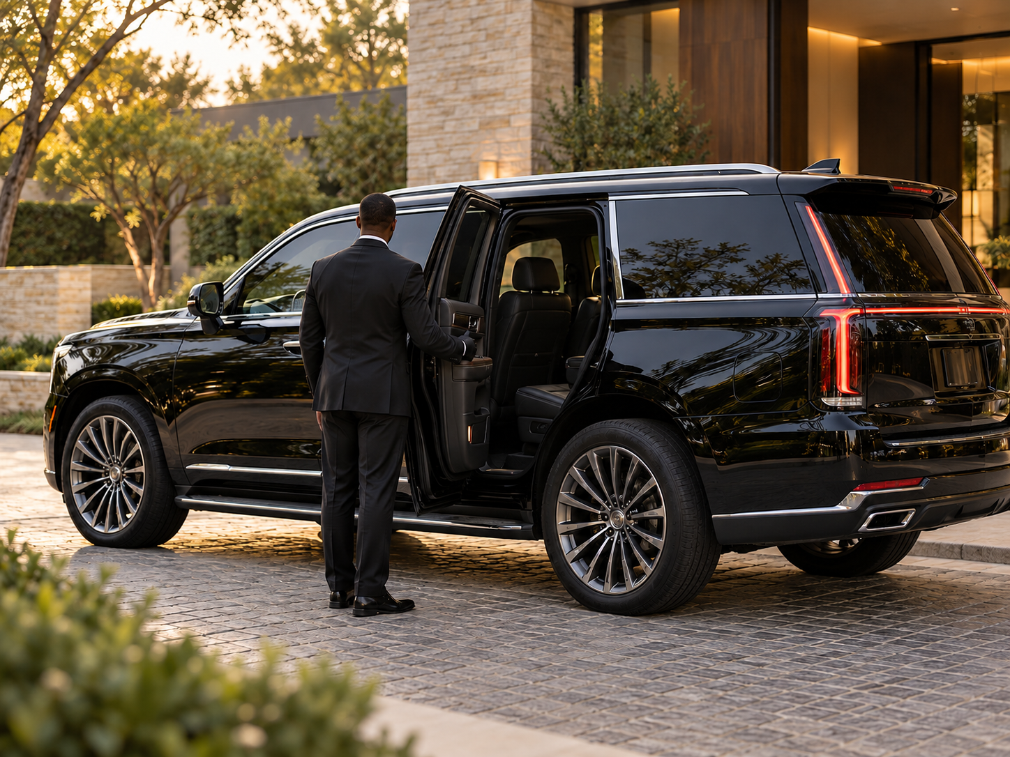 A black luxury SUV with a concierge driver opening the passenger door