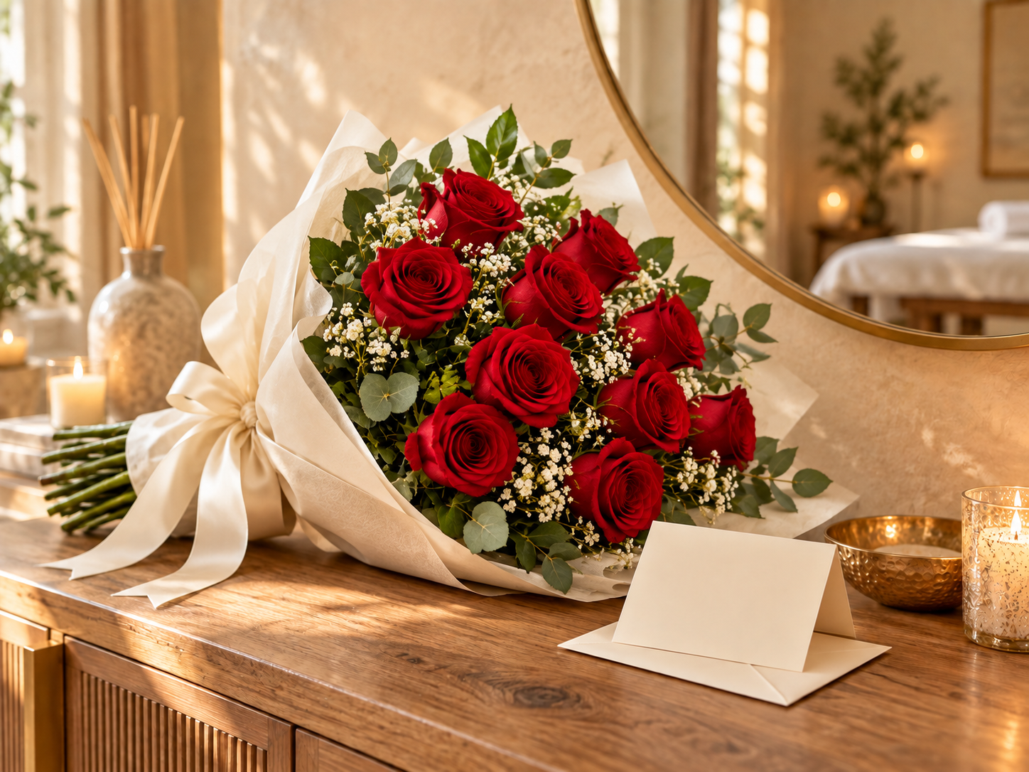 A hand-tied bouquet of red roses beside a personalized note card